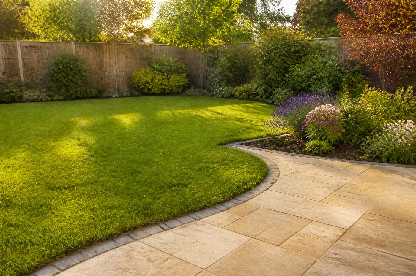 A tidy back garden in late afternoon sun with a freshly edged lawn and a clean stone patio