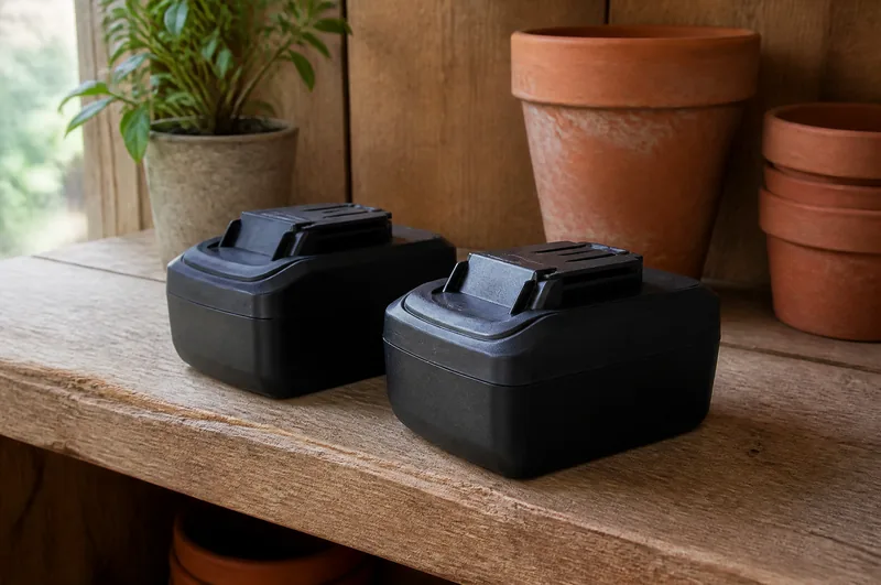 Two cordless garden tool batteries charging on a potting shed shelf